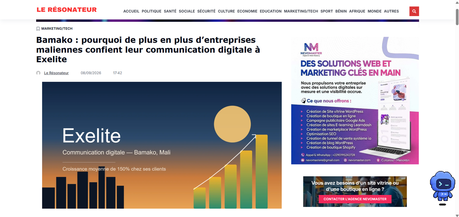 Capture de l'article Bamako : pourquoi de plus en plus d’entreprises maliennes confient leur communication digitale à Exelite