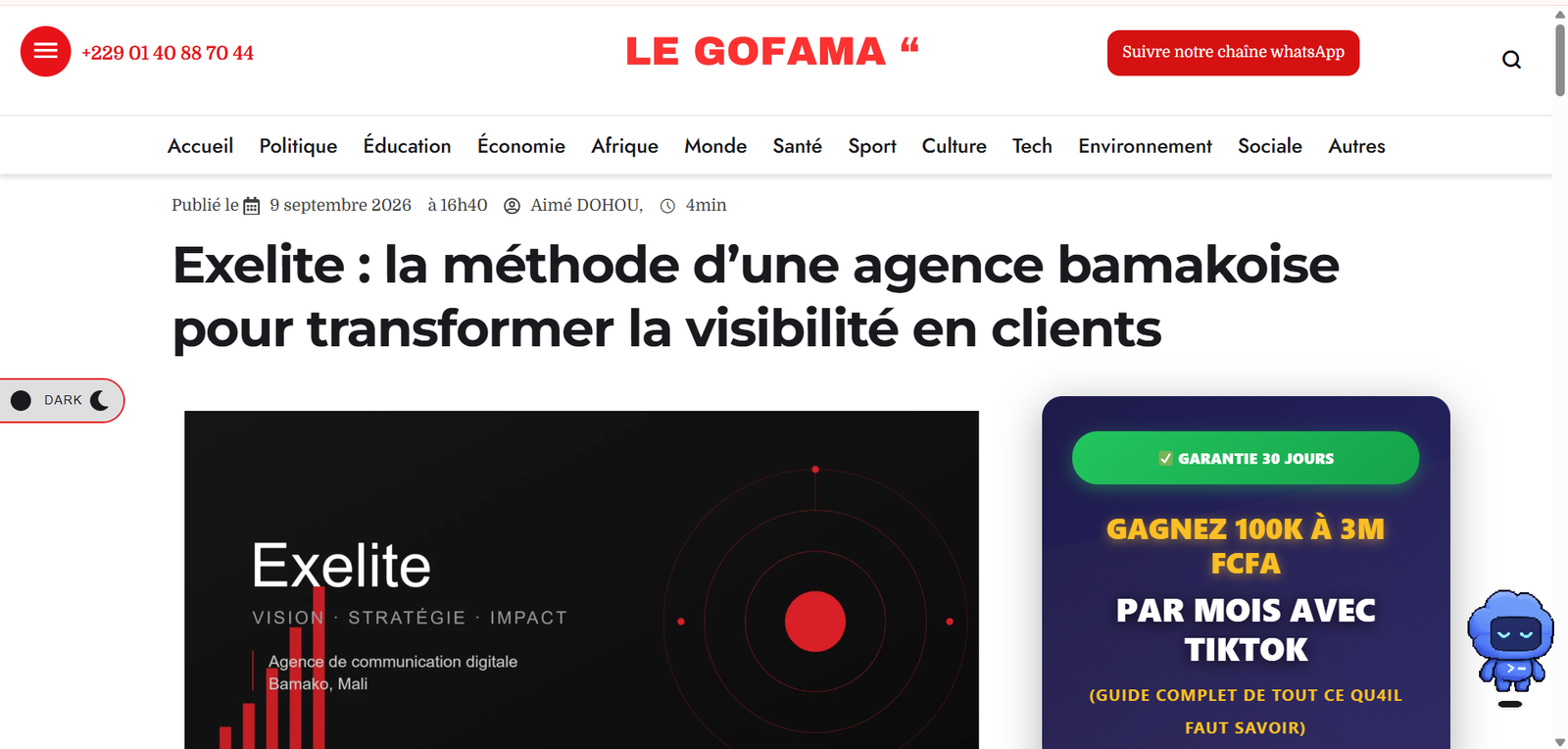 Capture de l'article Exelite : la méthode d’une agence bamakoise pour transformer la visibilité en clients